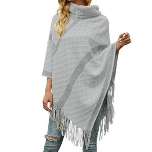 Cozy Knitted Pullover Poncho Sweater Vegan Fur Collar Fringe Tassle GRAY